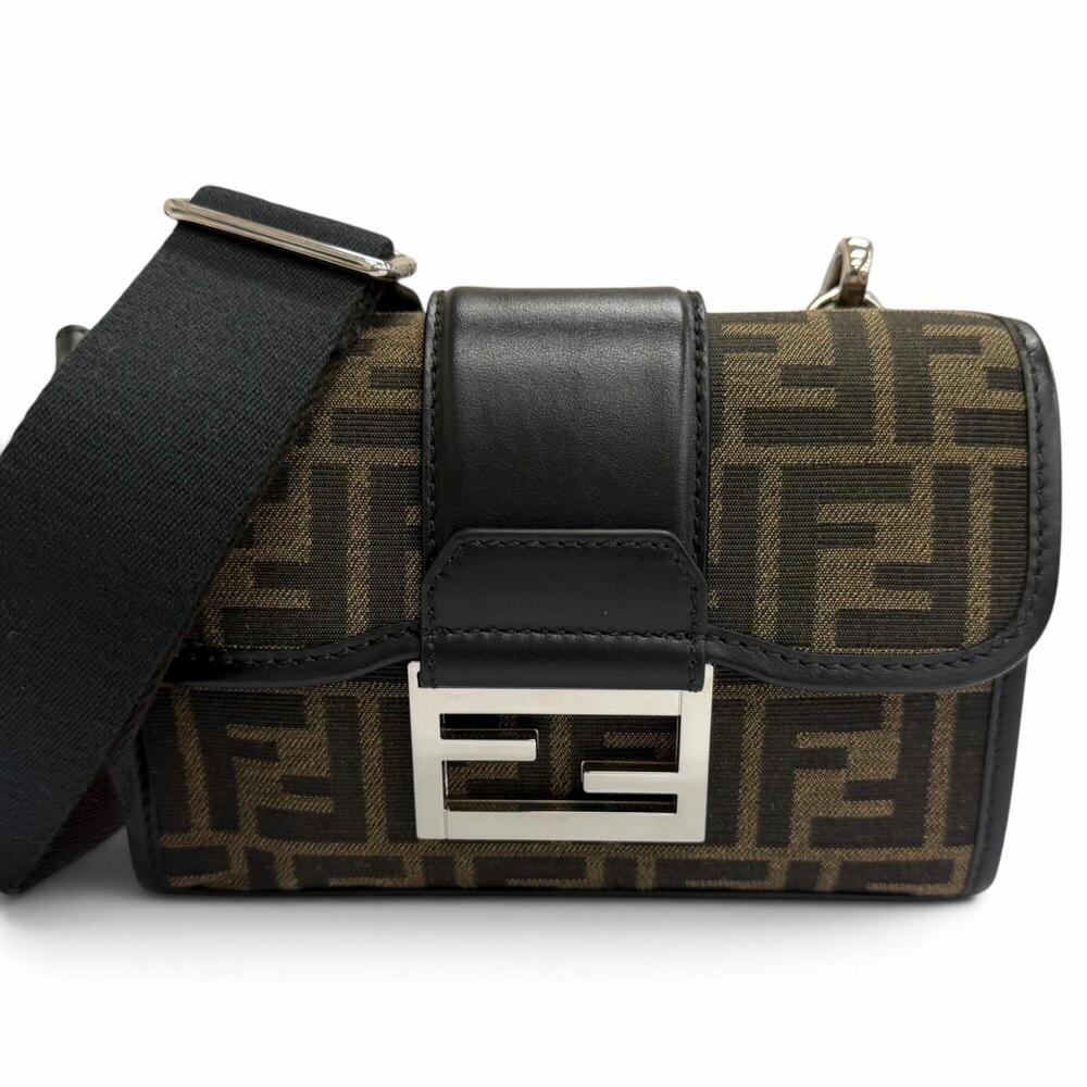FENDI 7VA649 Canvas Leather Zucca Pattern FF Logo Baguette Double Shoulder Ba...